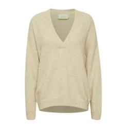 Karen by Simonsen V-Neck Strik 10103293 Beige - Elegant Strikkejakke for Damer