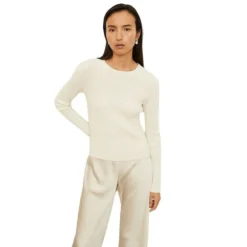 Vince Textured Rib Crew Off Gensere - Hvit | Strikkejakker & Gensere for Damer