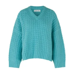 Samsøe Samsøe Aline V-Neck Genser i Blå - Elegant strikket genserdame